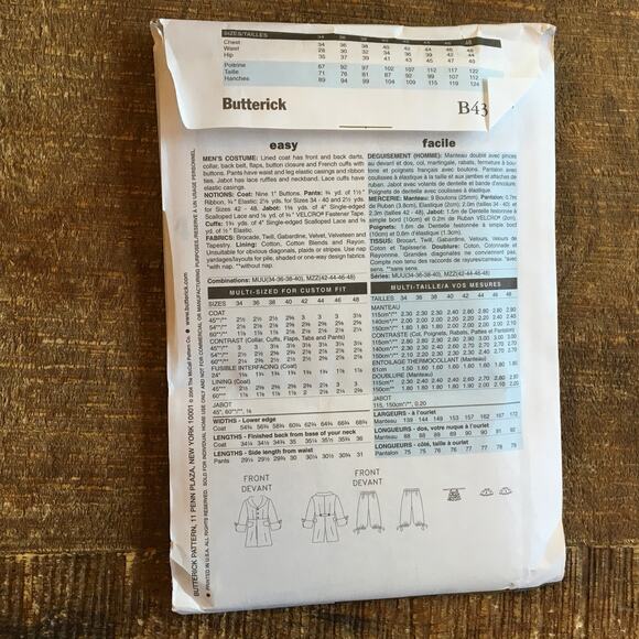 Butterick Sewing Pattern B4317 Mens Costume Mozart Louis XIV 42-44-46-48 UNCUT - Picture 2 of 3